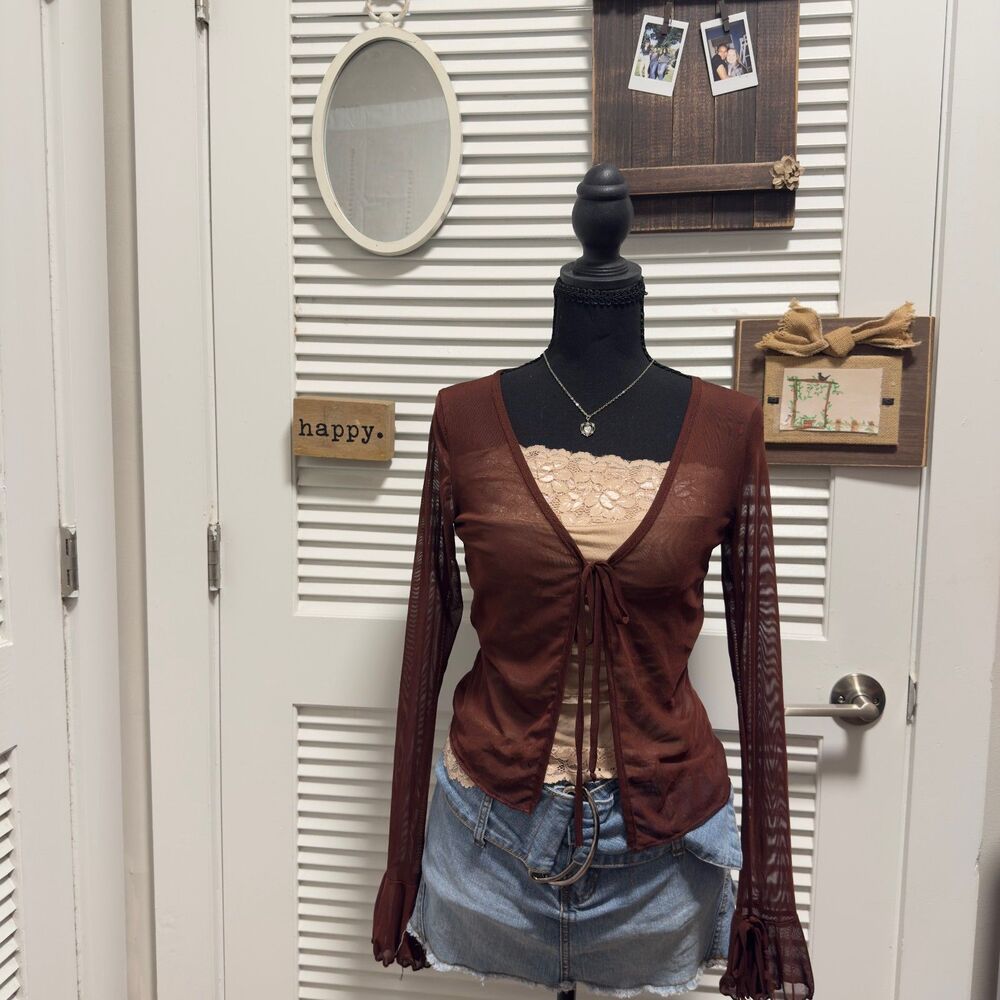 Y2K Romantic Chocolate Brown Sheer Tie-Front Mesh Cover Up